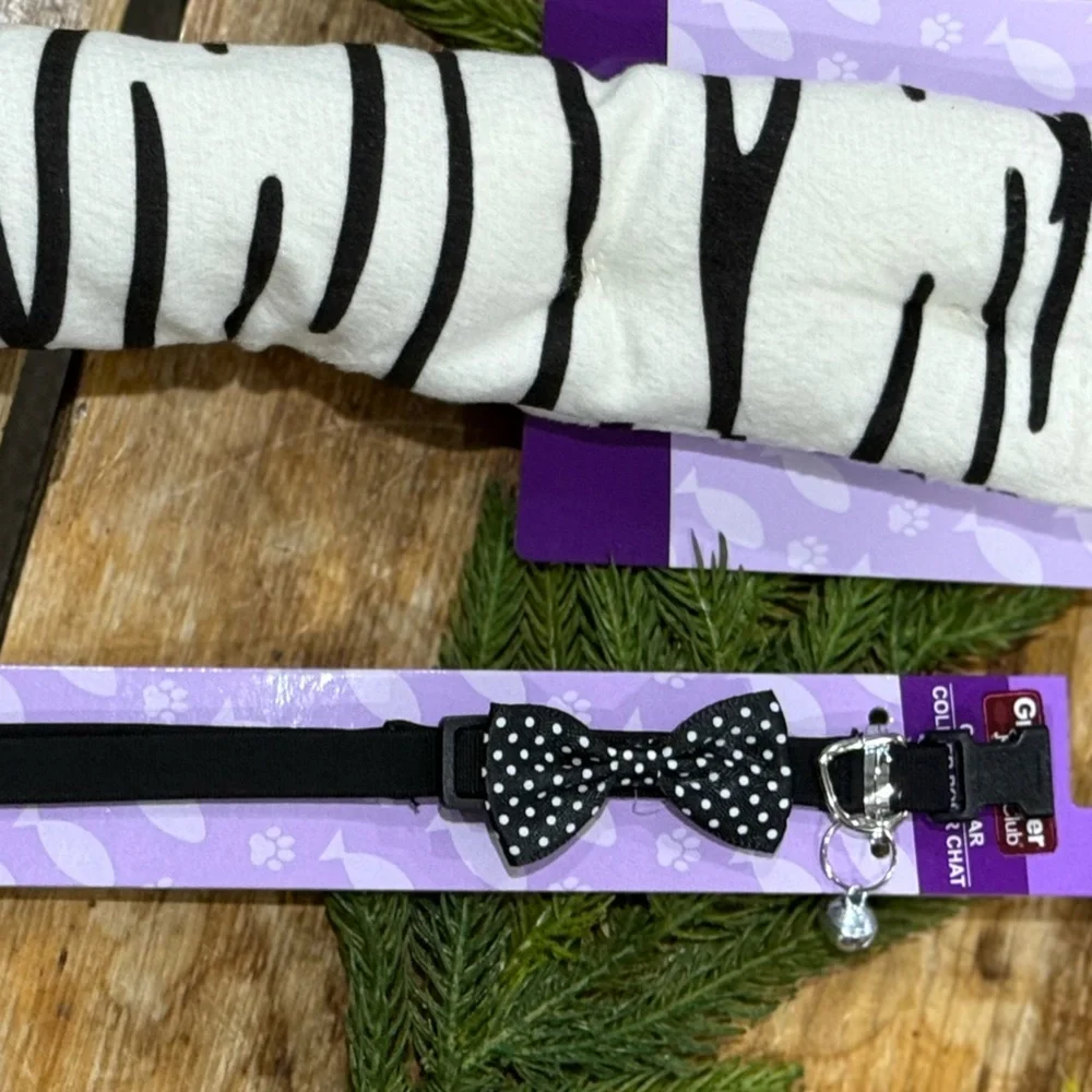 Zebra Print Cat Toy and Black Bow Collar